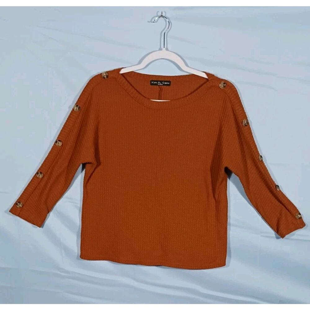 Kim & Cami Women's Medium Brown Waffle Knit 3/4 Sleeve Button Accent Poly/Rayon